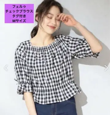 [ 미사용 택 포함 ] Feroux 완판템 체크 블라우스 블랙 x 화이트