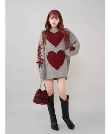 다리치 하트 로고 로우게이지 니트 튜닉 오버 그레이