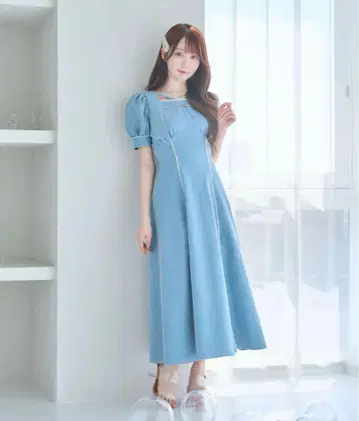 로제 뮤즈 레이스 데님 드레스