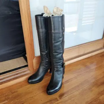 히미코 블랙 가죽 힐 포함 롱 부츠 24cm 힐 9cm