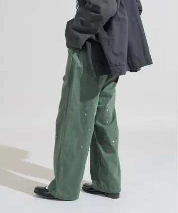 FREAK'S STORE 올리브 그린 페인트 디자인 워크 팬츠