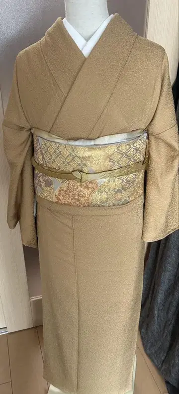 이로무지 문장 기모노 순수 실크 사가니시키 후쿠로 오비 세트