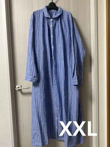 XXL 무인양품 여성 린넨 워싱 긴팔 셔츠 원피스 블루 스트라이프