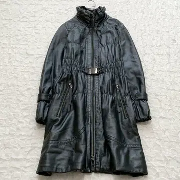 칼라 램 가죽 롱 코트 MC 양가죽 하이넥 벨티드 드로스트