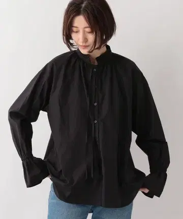 A part by 밴드 카라 블랙 코튼 긴팔 프릴 소매 셔츠 프리 사이즈