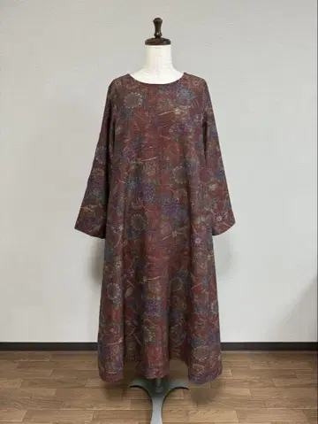 기모노 리메이크 순수 실크 가을 컬러 꽃무늬 질감이 멋진  플레어 원피스