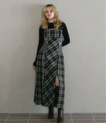 andmary Nadia 체크 롱 드레스 블랙