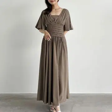 Aimeine 메인 V넥 셔링 원피스 올리브