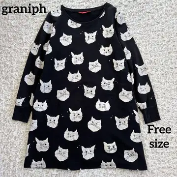 graniph 그라니프 긴팔 맨투맨 원피스 튜닉 고양이 패턴 블랙