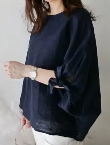 네이비 린넨풍 셔츠 반팔 소매 리본