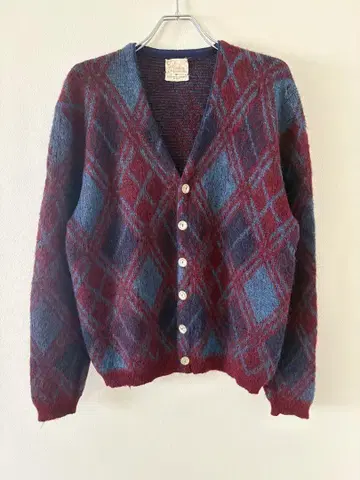 좋은 배색 빅 사이즈 60s 빈티지 모헤어 가디건 아가일 무늬 두꺼운
