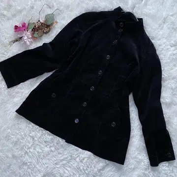 Leilian 블랙 버튼 자켓 9호 도톰 코듀로이 롱