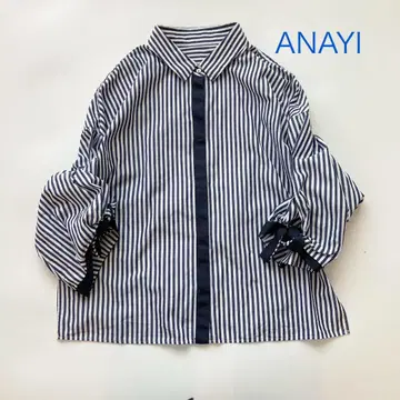 ANAYI 아나이 여성용 오부 소매 블라우스 스트라이프 리본 네이비