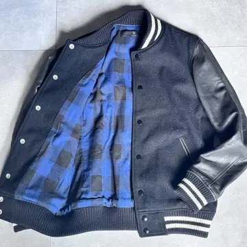 컨디션 최상 유나이티드 애로우즈 남성용 가죽 바시티 자켓 블랙 체크 파랑