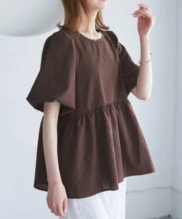 브라운 벌룬 페플럼 블라우스 반팔 셔츠 로페피크닉 L