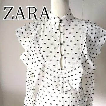 ZARA 양류 쉬폰 블라우스 샤기 도트 무늬 스탠드 카라 스트레치