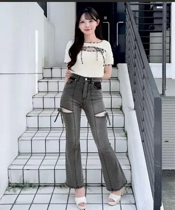 NOMAE 사이드 리본 플레어 데님 S 블루