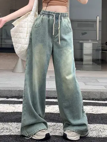 여성용 드로우 스트링 와이드 레그 캐주얼 배기진