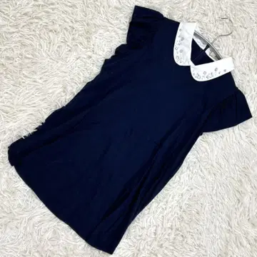 에프데 네이비 상의 옷깃 비쥬 장식 캡 슬리브 M 사이즈