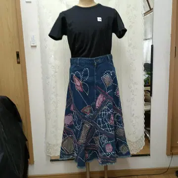 자수 데님 플레어 롱 스커트