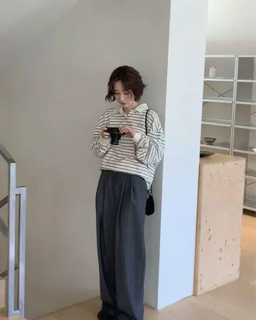 Monoha 화이트 스트라이프 긴팔 피케 셔츠