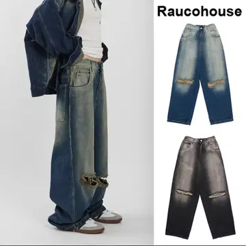 Raucohouse 데미지 가공 와이드 데님 팬츠