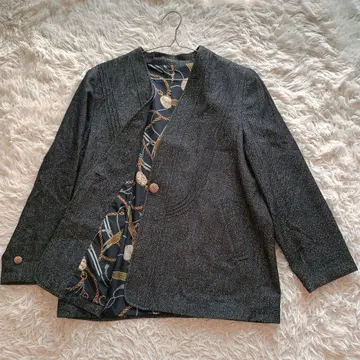 빈티지 아카이브 데님 스카프 패턴 노카라 자켓 금장 버튼 F