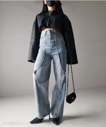 [새상품급] me+em select 레이어드 하이웨스트 테이퍼드 데님 S