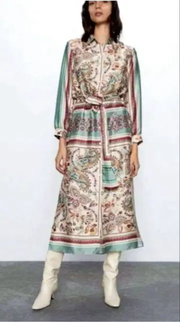 ZARA 스카프 패턴 종아리 기장 셔츠 원피스 L 사이즈
