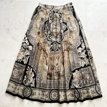 ETRO 빈티지 바로크풍 플라워 플리츠 롱 스커트 울 실크