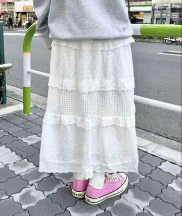 코튼 플라워 레이스 티어드 스커트