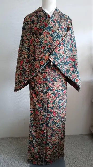 사라사  기모노 짙은 녹색 코몬 화장 63.5cm I-14