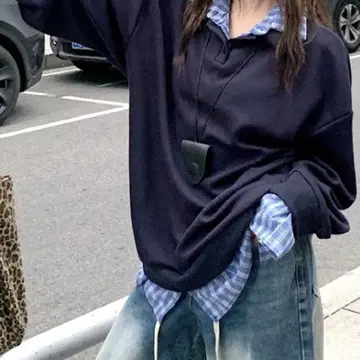 체크 셔츠 레이어드 디자인 폴로 옷깃 상의