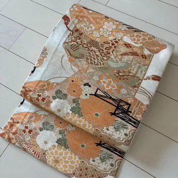 C755 앤티크 순수 실크 연색 금채 부채와 조개통 패턴 마루 오비