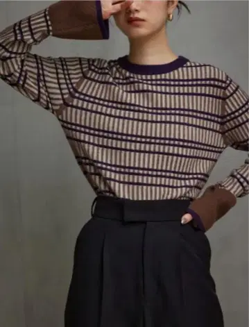 [ AZUL by moussy ] 벨 슬리브 멀티 보더 니트탑