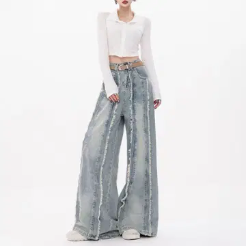 Myurina 프린지 데님 팬츠 Y2K 배기 팬츠 헤이세이 갸루 청바지