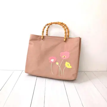 린넨 꽃 자수 핸드백 대나무 핸들 재패니즈 모던