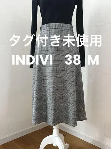 미사용 택 포함 INDIVI 고급 플레어 스커트 뒷부분 밴딩 글렌체크 M