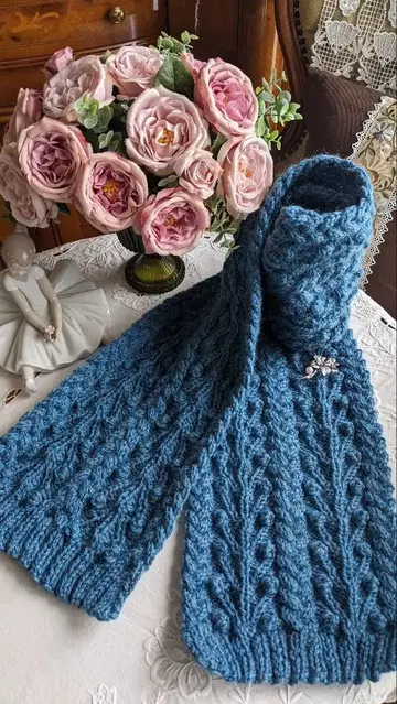 핸드메이드 아란 무늬 머플러 손뜨개질 다크 스카이블루