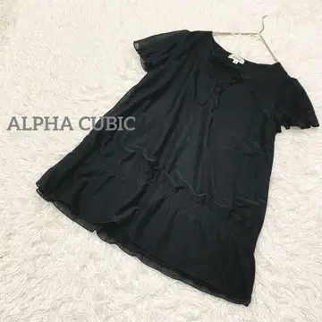 알파 큐빅 반팔 튜닉 상의 리본 이중 플레어 개더 블랙