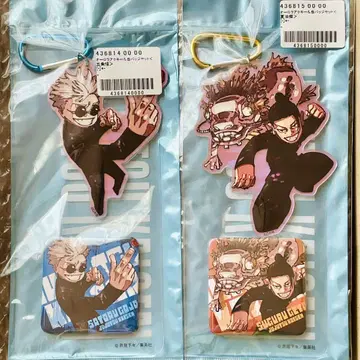 주술회전 오로라 아크릴 키링 & 캔뱃지 세트 고죠 사토루 게토 스구루