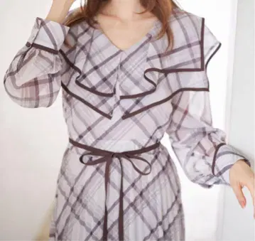 새상품급 토코 클로젯 허리 리본 포함 빅 칼라 체크 플리츠 원피스