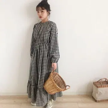 [컨디션 최상] monamour 몽나뫼 깅엄 체크 체크 원피스 긴팔