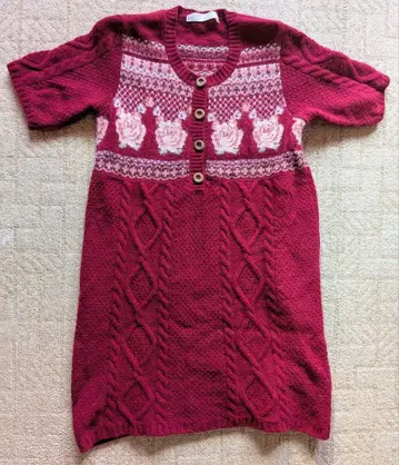 핑크하우스 니트 와인 레드 반팔 드레스