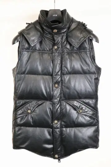 컨디션 최상 AKM 가죽 다운 베스트 네이비 버튼 L 블랙 자켓