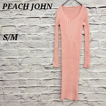 피치 존 S/M 리브 니트 원피스 긴팔 V넥 복숭아색 봄/가을 버튼