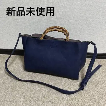 가죽 핸드백 대나무 핸들 네이비