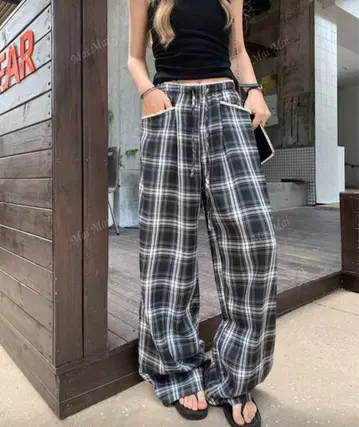 체크 무늬 와이드 팬츠 블랙 화이트