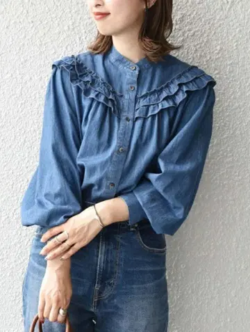 새상품급 쉽스 긴팔 셔츠 바지 셔츠 블루 프릴 셔츠