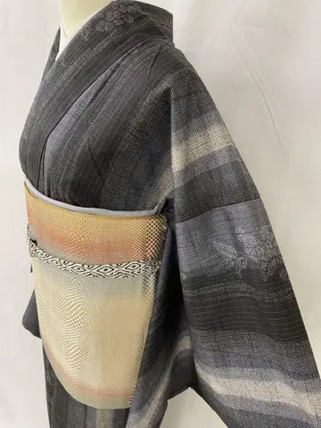 새상품급 순수 실크 이중 기모노 줄무늬 명주 단품